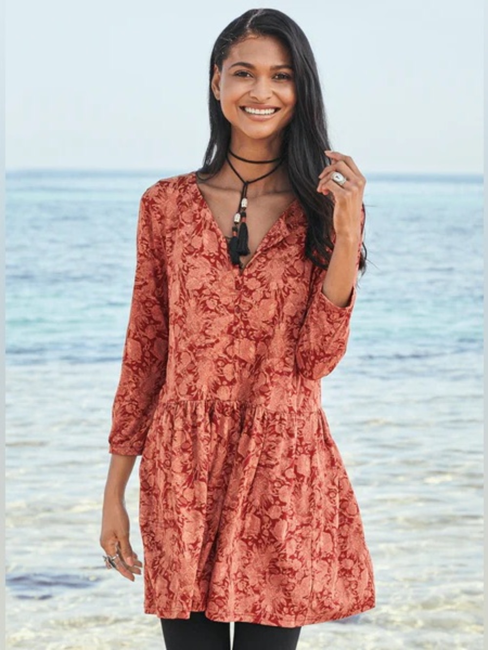 Peruvian Connection Fresco Floral Red Tunic Cotton L